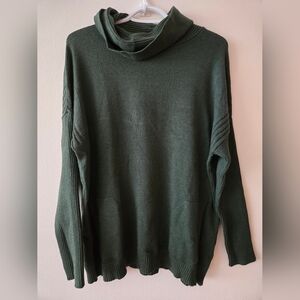 Joan Vass XL Green Turtle Funnel Neck Sweater With Ribbed Details And Pockets